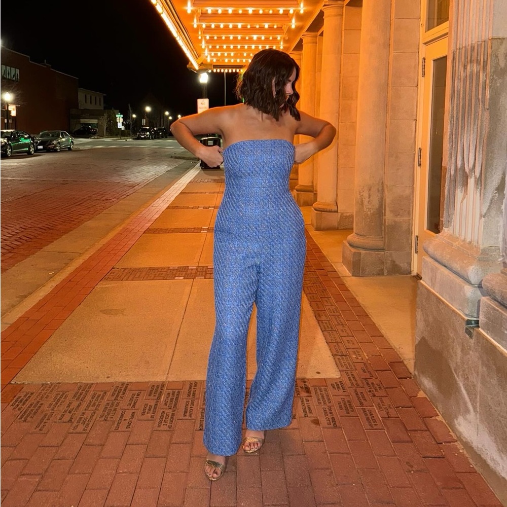 Maeve Anthropologie Blue Wide-Leg Strapless Jumpsuit